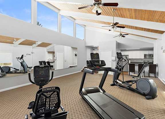 A spacious home gym with treadmills, elliptical machines, and other exercise equipment.