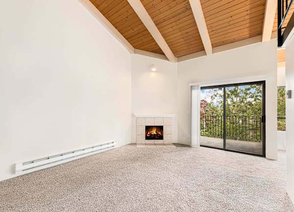 A spacious living room with a fireplace and sliding glass doors.