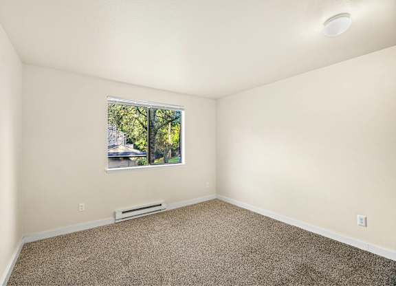 A room with a window and a carpeted floor.