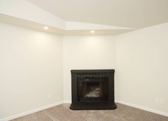 A fireplace in a room with a carpeted floor.
