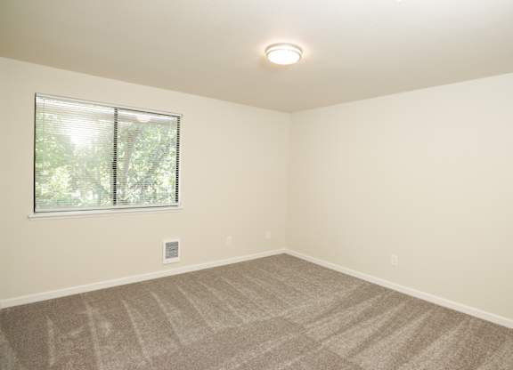 A room with a carpeted floor and a window with blinds.