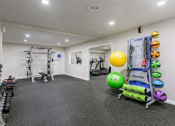 A fitness room with a variety of equipment including a weight rack, exercise balls, and a treadmill.