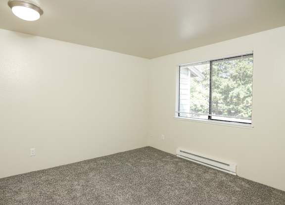 A room with a carpeted floor and a window with blinds.