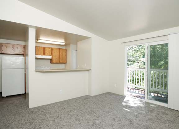 A kitchen area with a refrigerator and a countertop.