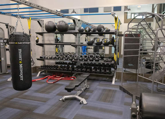 Wynnwood Vinings Atlanta fitness room with weights and a punching bag