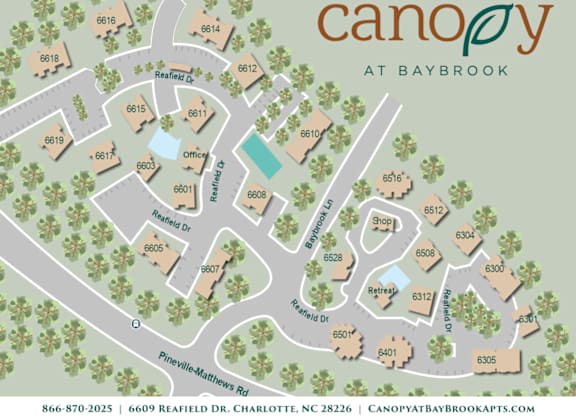 A map of the Canoe at Baybrook property with roads and buildings labeled.