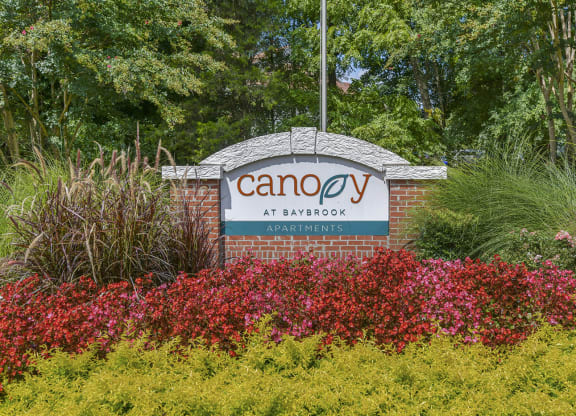 The Entrance sign for Canopy at Baybrook apartments in Charlotte NC