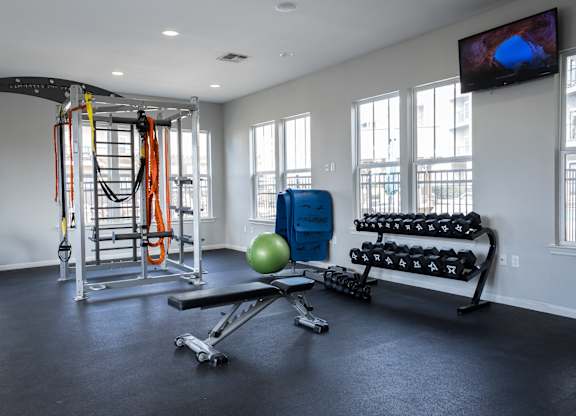 A gym with a variety of equipment including a bench, ball, and dumbbells.