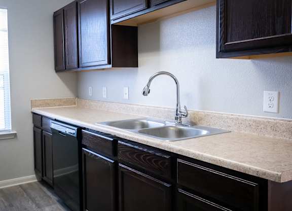 A kitchen with a sink and cabinets.