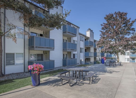 Modern Apartments For Rent In Tukwila, WA - Foster Creek - Picnic Area In The Courtyard Surrounded By Lush Trees