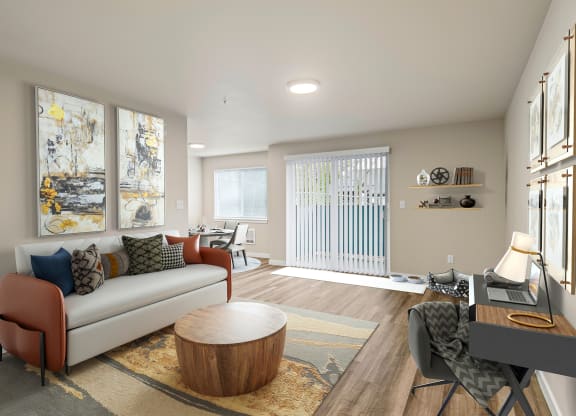 Apartments for Rent in Tukwila, WA - Foster Creek - Furnished Living Room with Wood-Style Flooring and Sliding Glass Door to Balcony