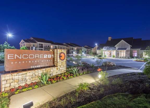 Entrance sign to Encore281 apartments san antonio