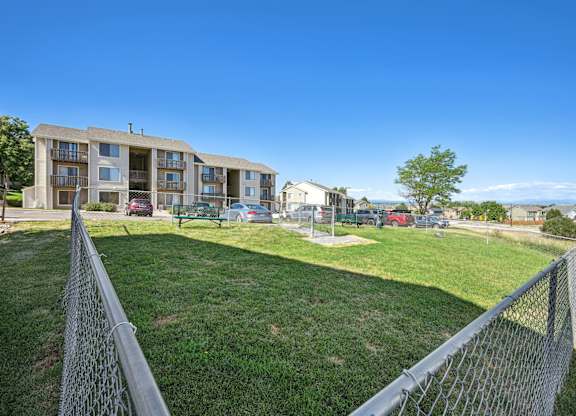 an off leash dog park area with grass and a fence at Vistas at Plum creek apartments
