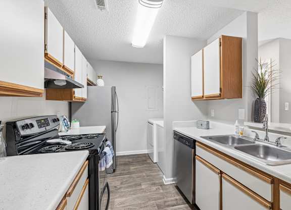 A kitchen with a stove, dishwasher, and refrigerator.