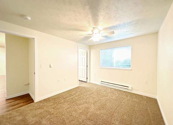 A room with a carpeted floor and a ceiling fan.