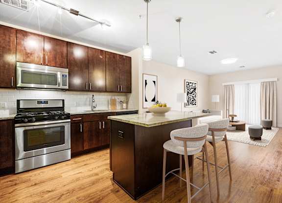 A modern kitchen with dark wood cabinets and stainless steel appliances at Metro 303, Hempstead, NY, 11550