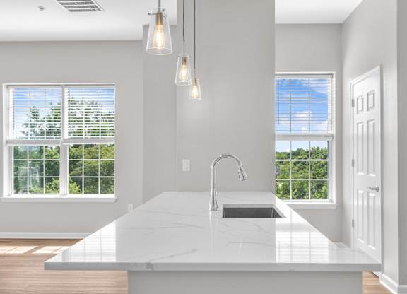 A kitchen with a marble countertop and a window overlooking a tree-filled landscape.