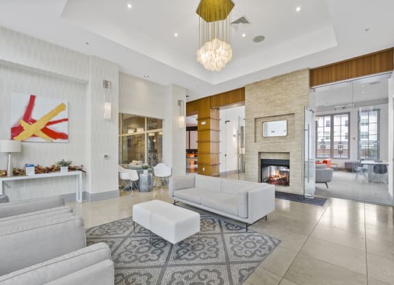 a view of the lobby with a fireplace at Harbor Pointe, Bayonne