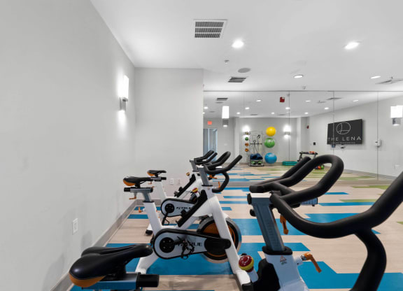 a group of exercise bikes in the Fitness Center at The Lena, Raritan, New Jersey