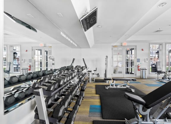 a spacious fitness center at The Lena, New Jersey