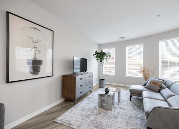A living room with a grey sofa, a grey coffee table, a grey rug, a grey side table, a grey armchair, a grey cabinet, a grey TV stand, a grey plant, a grey wall, a grey floor,