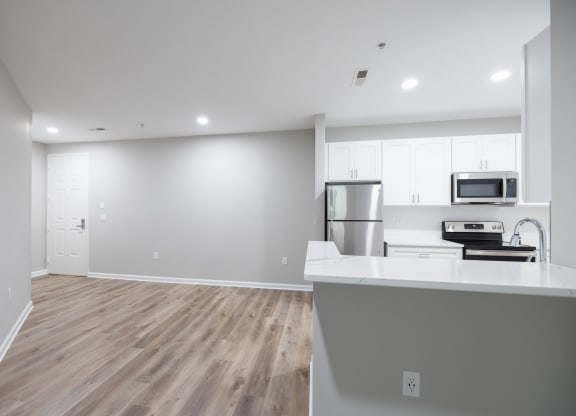 an open kitchen and living room with white walls and wood flooring at The Lena, Raritan, NJ 08869