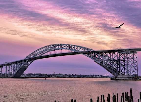 A bridge spans across a body of water with a bird flying in the sky.