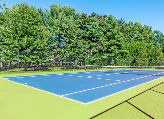 A tennis court surrounded by trees at The Lena, Raritan, New Jersey