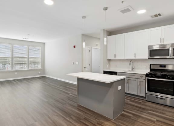 a kitchen and living room with white walls and wood flooring at Metro 303, Hempstead, 11550