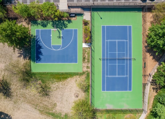 an aerial view of half basketball and full tennis court at The Lena, Raritan, New Jersey