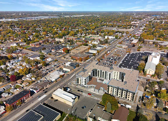 A cityscape with buildings and roads.