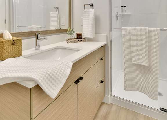A bathroom with a sink, mirror, and shower.
