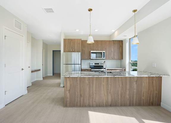 a kitchen with a counter top and a