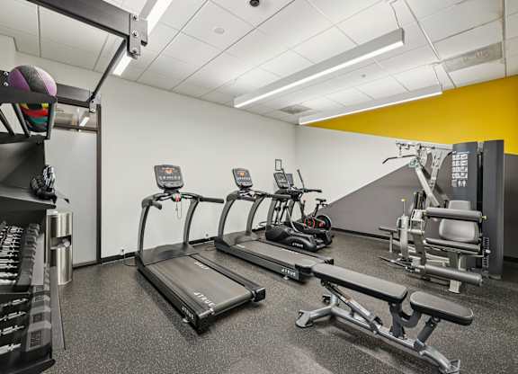 A gym with treadmills, weights, and other exercise equipment.