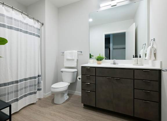 A bathroom with a toilet, sink, and a mirror.