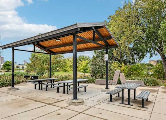 A picnic area with tables and a shelter.