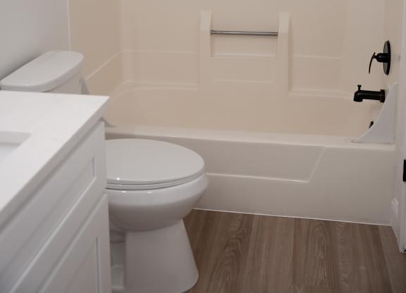 A white toilet sits next to a bathtub in a bathroom.