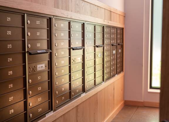 A row of mailboxes are lined up on a wall.