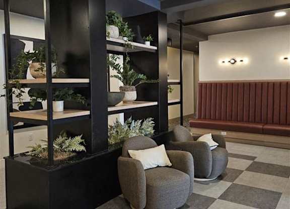 A black shelf with plants on it in a room with grey and white checkered flooring.