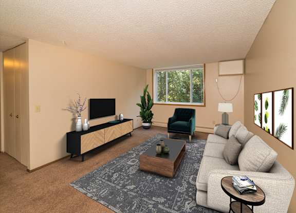 A living room with a couch, chair, and television.