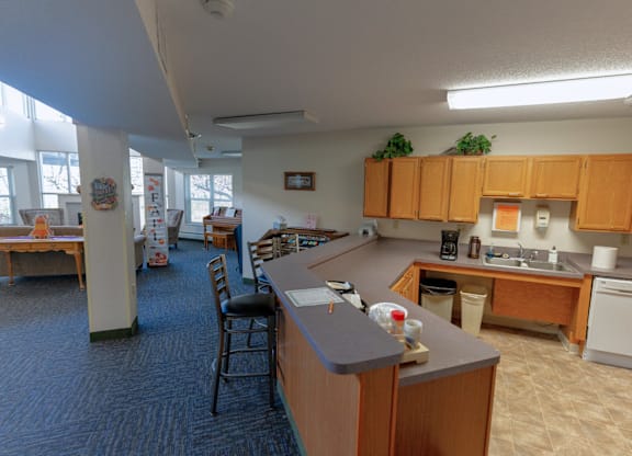 A kitchen with a counter and a chair.