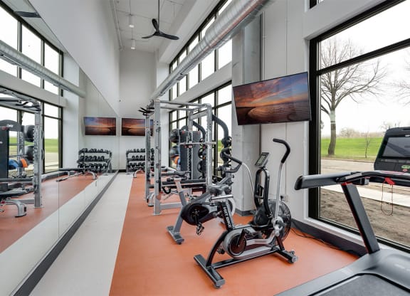 gym with exercise machines and free weights with lots of windows
