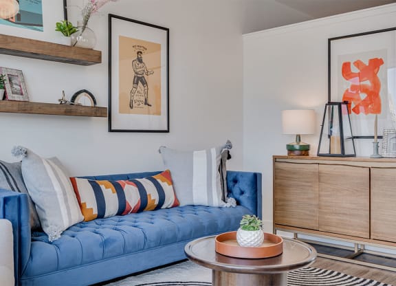Living room with blue couch