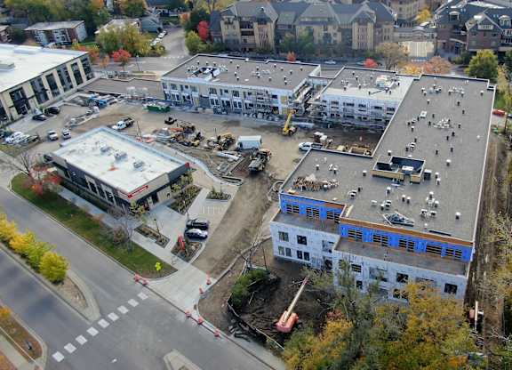 An aerial view of a construction site in a city.