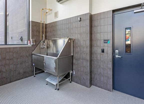 a bathroom with a stainless steel sink and a door