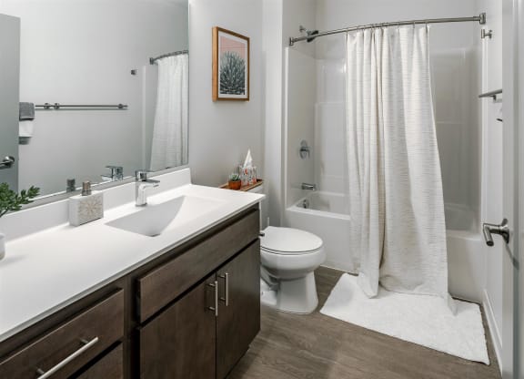 a bathroom with a shower toilet and sink and a mirror