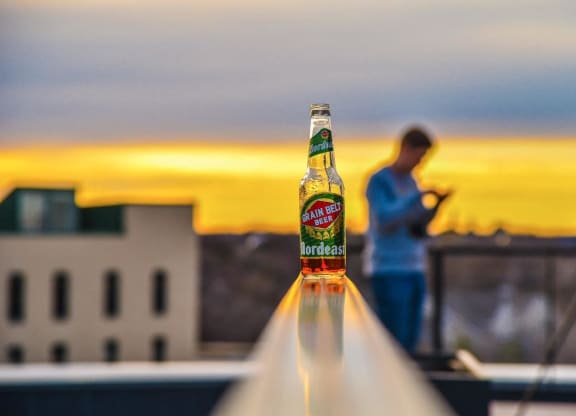 a bottle of beer sitting on top of a roof