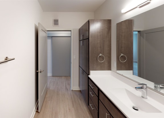 a bathroom with a sink and a mirror and a closet