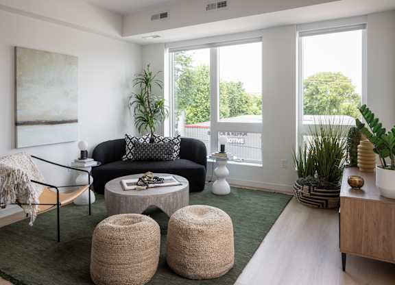 A living room with a black couch, a coffee table, and a green rug.