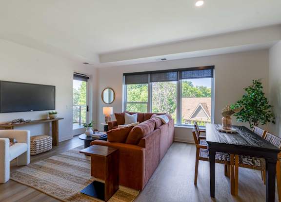 A living room with a brown couch and a television.